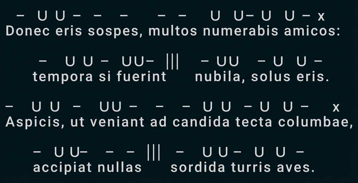 Lateinischer Vers mit metrischen Längen- und Kürzezeichen über den Wörtern, zwei Strophen auf weißem Hintergrund.